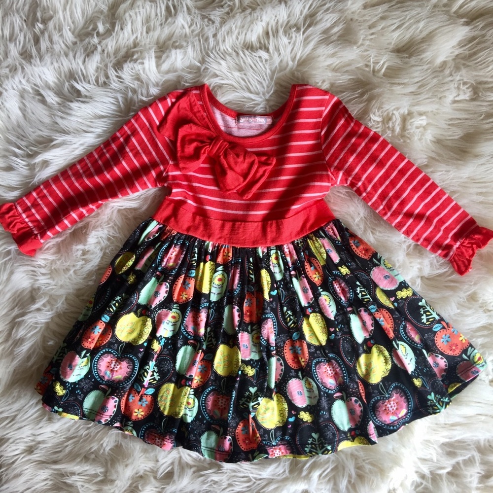 3T Jelly the Pug Red and Black Striped Apple dress